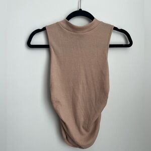 Shein Women's Sleeveless Mock Neck Ruched Sided Tank Top Tan S